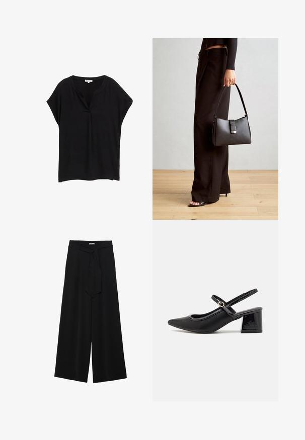 Schwarzes Kurzarmoberteil mit V-Ausschnitt, aus leichtem Stoff gefertigt, mit lockerer Passform und subtiler Drapierung an den Schultern.; Schwarze weite Hosen aus strukturiertem Stoff, mit elastischem Bund und einem abnehmbaren Bindegürtel in der Taille für eine verstellbare Passform.; Schwarze Lackleder-Slingback-Absätze mit spitzer Zehenform, einem runden Ausschnitt-Design und einem Blockabsatz. Mit einem goldfarbenen Schnallenakzent.; Schwarze Handtasche mit strukturierter Form, glatter Textur und einem metallischen Verschluss. Kombiniert mit weiten schwarzen Hosen und offenen Sandalen auf einem Holzboden.