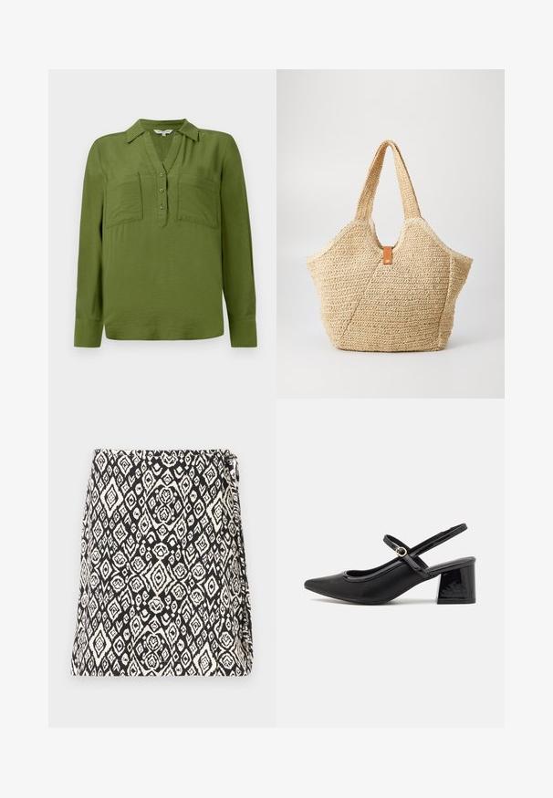 TOM TAILOR BLOUSE STRUCTURED SOLID - Blouse - deep ivy green; Zwart-witte tas met een geometrisch diamantenpatroon, gemaakt van stof met een gestructureerde afwerking. Ontworpen met een klepopening.; Zwarte gepolijste leren slingback hakken met een spitse neus, een ronde uitsnede en een blokhak. Voorzien van een gouden gespaccent.; Grote stro tote bag met een getextureerde, beige buitenkant en twee brede handvatten. Beschikt over een leren accentriem voor sluiting.