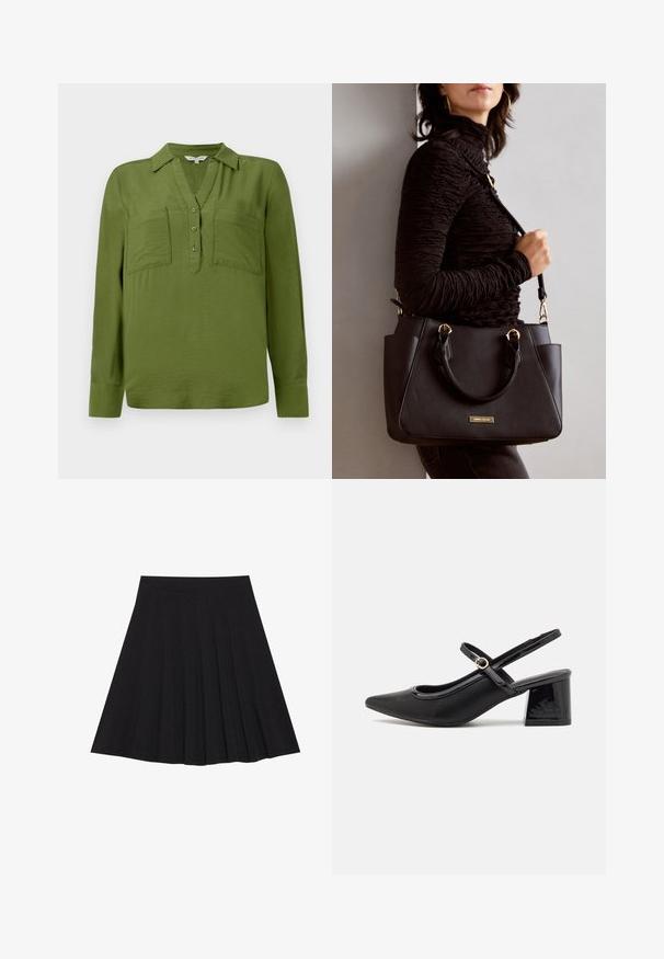 TOM TAILOR BLOUSE STRUCTURED SOLID - Blusa - deep ivy green; Falda plisada negra hecha de un tejido texturizado con una cinturilla ajustada. Llega a la altura de la rodilla y presenta una silueta suave y limpia.; Tacones slingback de charol negro con punta afilada, un diseño de corte redondeado y tacón bloque. Incluye un detalle de hebilla en tono dorado.; Bolso negro con superficie texturizada, doble asa superior y correa para hombro ajustable. Presenta herrajes en tono dorado y bolsillos laterales.