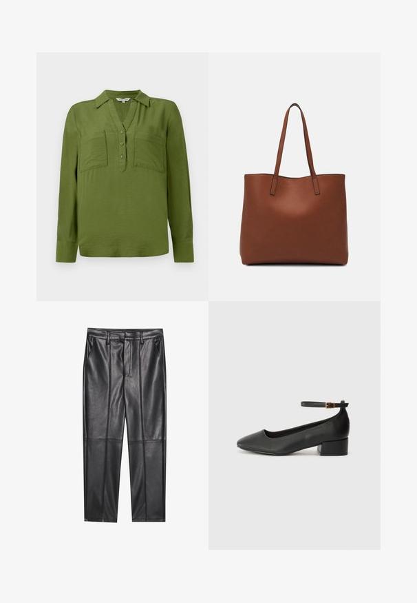 TOM TAILOR BLOUSE STRUCTURED SOLID - Blouse - deep ivy green; Black leather trousers with a smooth texture, featuring a straight fit, two front pockets, and visible seam detailing.; Black leather pump with a pointed toe and a low block heel. Features an ankle strap with a gold-tone buckle. Smooth texture.; Brown leather tote bag with a smooth texture, open top design, and two shoulder straps. Features minimal stitching and no visible hardware.