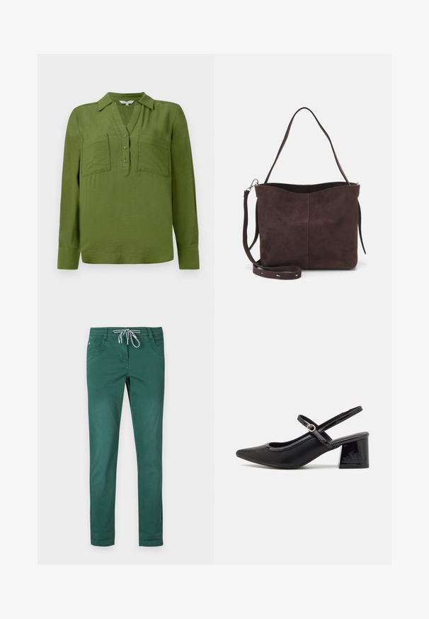 TOM TAILOR BLOUSE STRUCTURED SOLID - Blouse - deep ivy green; Groene katoenen blend broek met een rechte pijp, een trekkoord in de taille en twee voorkeizel pockets. Glad textuur en geen patronen.; Zwarte gepolijste leren slingback hakken met een spitse neus, een ronde uitsnede en een blokhak. Voorzien van een gouden gespaccent.; Bruine suède schoudertas met een zachte textuur, voorzien van een enkele schouderband en een subtiele, gebogen bovenopening. Geen zichtbare hardwaredetails.