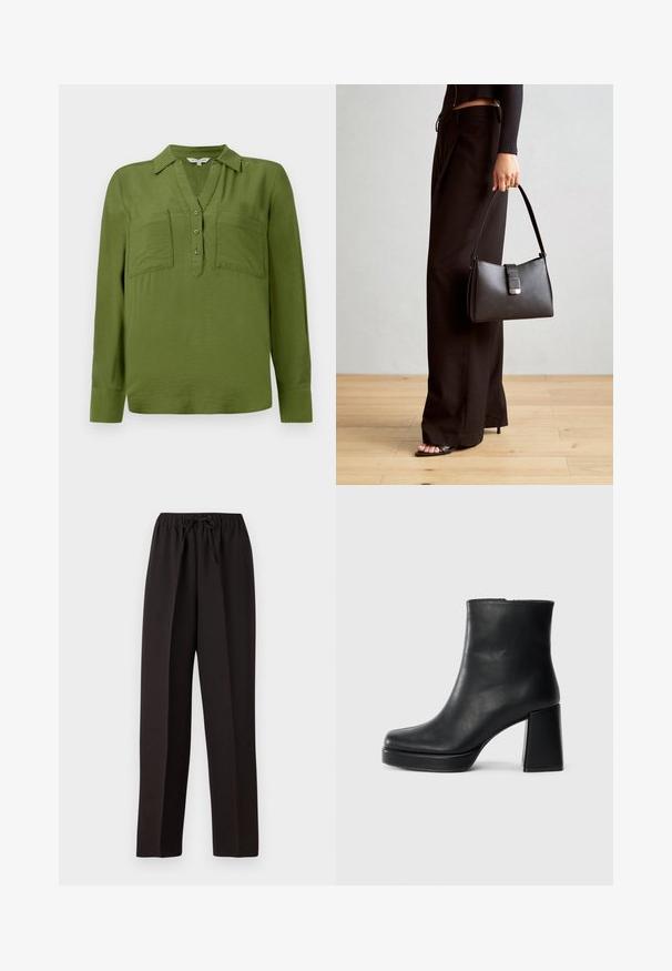 TOM TAILOR BLOUSE STRUCTURED SOLID - Bluză - deep ivy green; Pantaloni negri, cu picioare largi, cu un tiv elastic și șnur ajustabil. Realizați dintr-un material neted, ușor, fără modele vizibile.; Botină din piele neagră, cu toc pătrat și talpă platformă, văzută din lateral pe un fundal alb simplu.; Genți negre cu o formă structurată, textură netedă și un închizător metalic. Asortată cu pantaloni negri largi și sandale cu vârf deschis pe un podea din lemn.