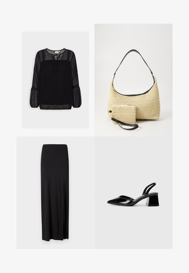 Fekete pöttyös blúz áttetsző anyaggal, textúrált részletekkel, kerek dekoltázzsal, megkötő részlettel és hosszú puffos ujjal. Csipkés díszítéssel a vállaknál.; Fekete maxi szoknya puha, rugalmas anyagból. Oldalsó hasítékkal rendelkezik, és egyszerű, letisztult dizájnja van díszítések nélkül.; Fekete lakk bőr szandálkés magas sarkú cipő, hegyes orral és geometrikus tömbsarkakkal. Karcsú, minimalista dizájn és sima textúra jellemzi.; Fonott szalmakézi táska ívelt sziluettel, sima fekete bőrszíjjal és egy hozzá illő, csuklószíjjal rögzített kis tasakkal.