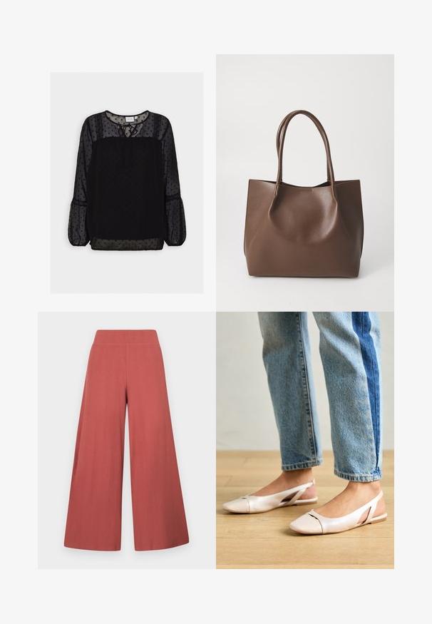 Blusa nera a pois con tessuto trasparente, dettagli testurizzati, scollatura rotonda, dettaglio con fiocco e maniche lunghe a sbuffo. Pizzo decorativo sulle spalle.; Pantaloni a gamba larga di colore ruggine, realizzati in tessuto strutturato con costine verticali. Presentano una vita alta ed elastica.; Ballerine slingback rosa pallido con punta affusolata, realizzate in un materiale simile alla pelle liscio. Presentano dettagli a taglio sui lati e un tacco piatto.; Borsa tote in pelle marrone con due manici lunghi, forma strutturata, superficie liscia e design minimalista. Nessun hardware o accento visibile.