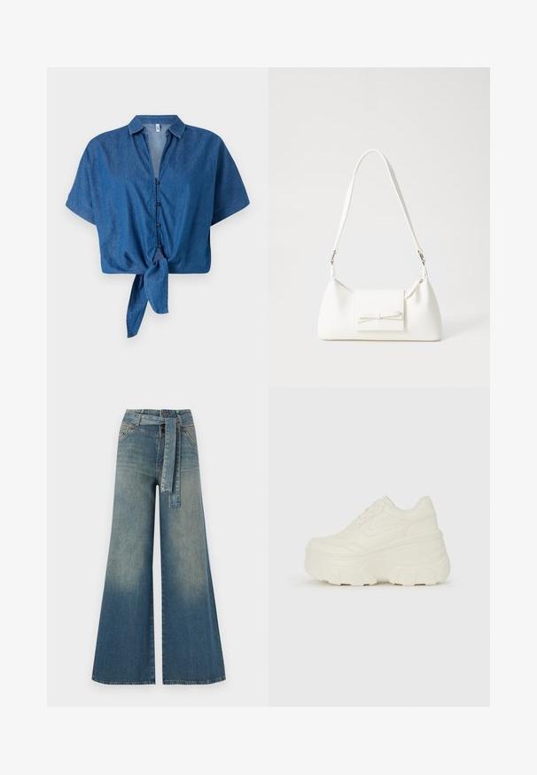 Modrá denimová košeľa s krátkym rukávom, s golierom, gombíkmi vpredu a viazaným detailom na spodnom okraji. Mäkká textura a ležérny dizajn.; Džínsy s širokými nohavicami, ktoré majú prechod od svetlomodrej po tmavomodrú, vysoký pás, pútka na opasok a opasok z rovnakého materiálu. Textúrovaný denimový povrch.; Biele platformové tenisky s hladkým koženkovým svrchným materiálom, zaobleným tvarom, polstrovaným golierom a textúrovanou gumovou podrážkou s výrazným vzorom.; Biela syntetická kabelka s trojuholníkovým tvarom, plochým predným klapkou a detailom mašle, nastaviteľným popruhom, hladkou textúrou a minimalistickým dizajnom.