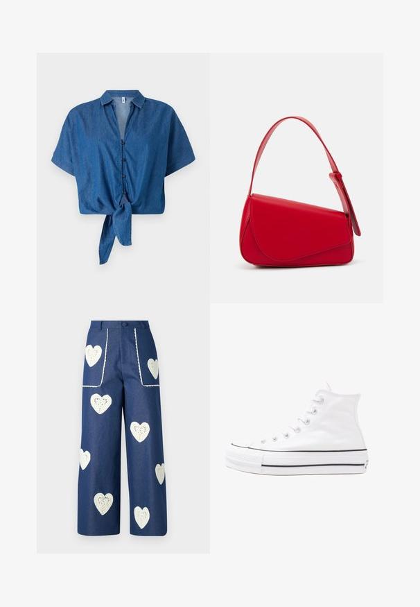 Mėlynos džinsinio audinio trumpomis rankovėmis marškiniai su apykakle, mygtukų užsegimu ir surišamu hemu. Minkšta tekstūra ir kasdieniškas dizainas.; Sister Jane HEART TO HEART - Tiesaus kirpimo džinsai - blue denim; Balti aukštakulniai drobės sportbačiai su juodu guminio pado, priekinio guminio piršto dangteliu ir šešiais akytėmis raištams, pasižymintys švariu, minimalistiniu dizainu.; Raudona odinė rankinė su kampuota, geometrine forma. Pasižymi viena reguliuojama dirželiu ir dangteliu su siuvinėtais dekoracijomis.