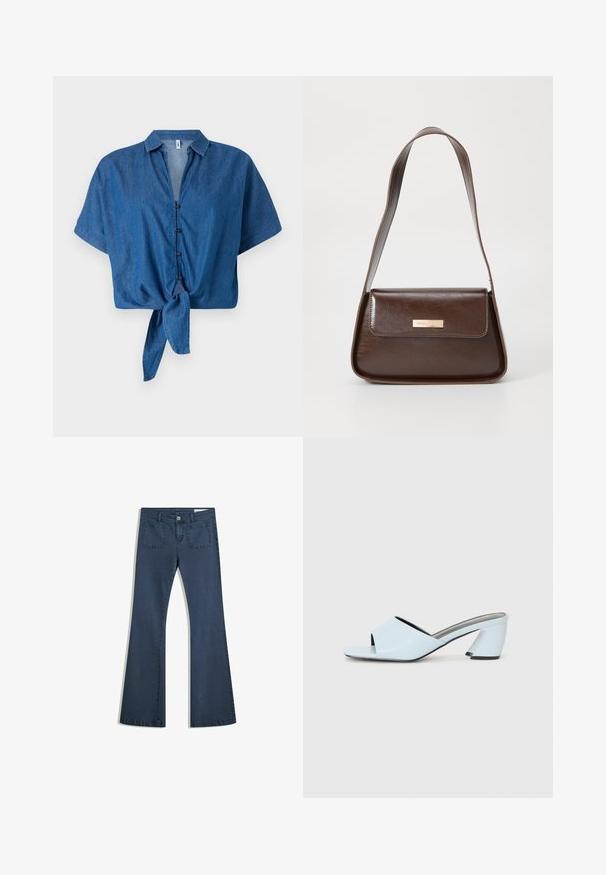 Kék farmer rövid ujjú ing, galléros nyakkal, gombos elejével és megkötős alsó résszel. Puha tapintású és laza fazonú.; Sötétkék, bőszárú farmernadrág, varrott zsebekkel, gombos záródással és sima felülettel. Klasszikus ötpocket dizájnnal rendelkezik.; Világoskék, nyitott orrú, sarkú mules cipő geometrikus mintázattal, széles pánttal a lábfejen és tömzsi, szögletes sarkal.; Barna bőr válltáska, struktúrált formával, mágneses fedélzárral és fémből készült logóval az elején.