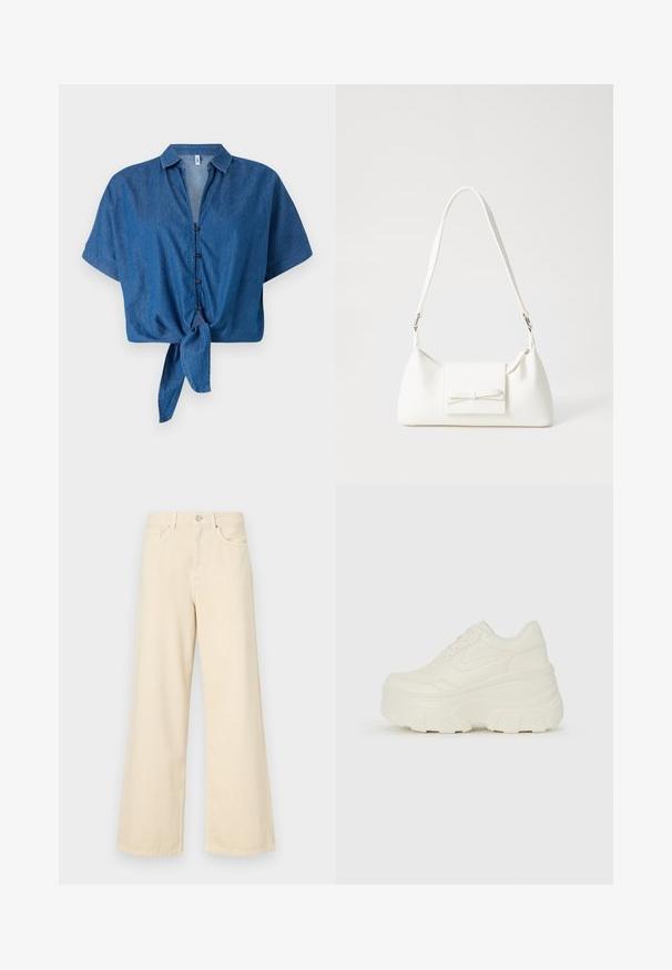Camicia in denim blu a maniche corte con colletto, chiusura a bottoni e dettaglio del fondo annodato. Texture morbida e design casual.; Jeans beige a gamba larga in cotone. Caratterizzati da chiusura con bottone, passanti per cintura e tasche anteriori con una consistenza liscia e morbida.; Sneakers bianchi con piattaforma, caratterizzati da una parte superiore simile alla pelle liscia, forma arrotondata, collo imbottito e suola in gomma testurizzata con scanalature ben definite.; Borsa sintetica bianca a forma triangolare, con patta anteriore piatta e dettaglio a fiocco, tracolla regolabile, texture liscia e design minimalista.