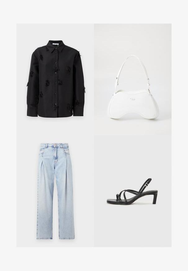 Schwarze button-up Hemd aus glattem Stoff, mit verstreuten Fransendetails und einem klassischen Kragen. Lange Ärmel mit geknöpften Manschetten.; Helle blaue Denim-Jeans mit hoher Taille, weitem Beinschnitt, zwei seitlichen Taschen und gefaltetem Design. Weiche Textur mit einem ausgebleichten Finish.; Schwarze Sandale mit Riemchen, quadratischer Zehenform und niedrigem Blockabsatz. Verfügt über mehrere dünne Riemen und einen verstellbaren Knöchelriemen. Hergestellt aus glattem Leder.; Weißes Handtasche mit glatter, glänzender Oberfläche, geschwungener Form und einem einzigen verstellbaren Trageriemen. Auf der Vorderseite ist ein eingeprägtes Logo vorhanden.