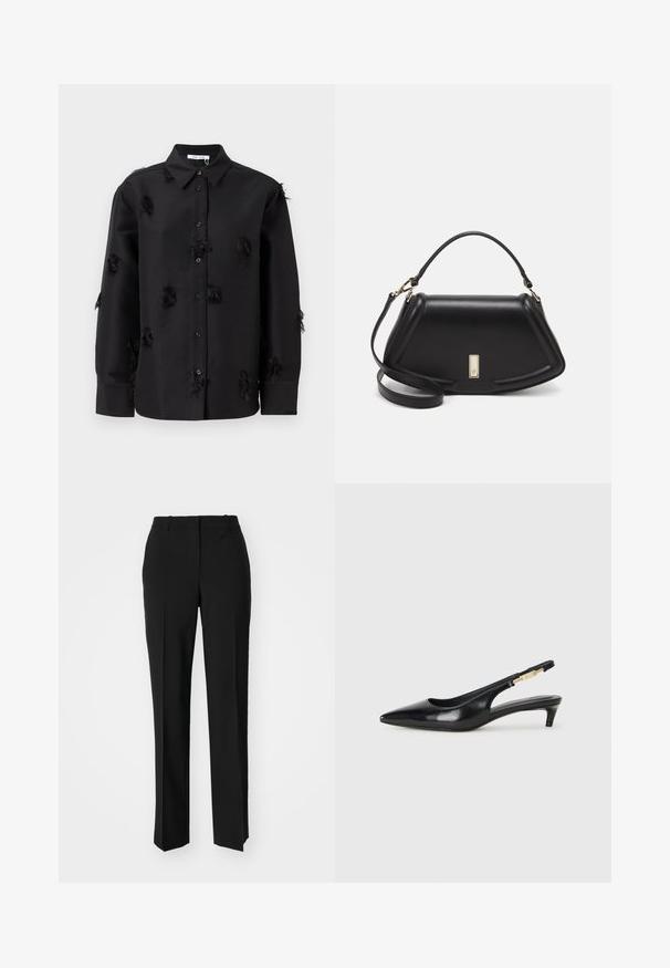 Musta napillinen paita, joka on valmistettu sileästä kankaasta ja jossa on hajallaan frillayksityiskohtia sekä klassinen kaulus. Pitkät hihat, joissa on napilliset hihansuut.; Mustat räätälöidyt housut suoraa lahjetta, joissa on sileä pinta ja terävät taitteet edessä. Ei näkyvää metalliosaa.; Mustat nahkaiset slingback-korkokengät, joissa on terävä kärki, ohuet korot ja kultasävytteinen yksityiskohta säädettävässä hihnassa. Silkkinen pinta.; Mustalla nahkalaukulla, jossa on jämäkkä muotoilu, lyhyt malli, yläkahva ja kultaiset yksityiskohdat. Säädettävä olkahihna sisältyy.