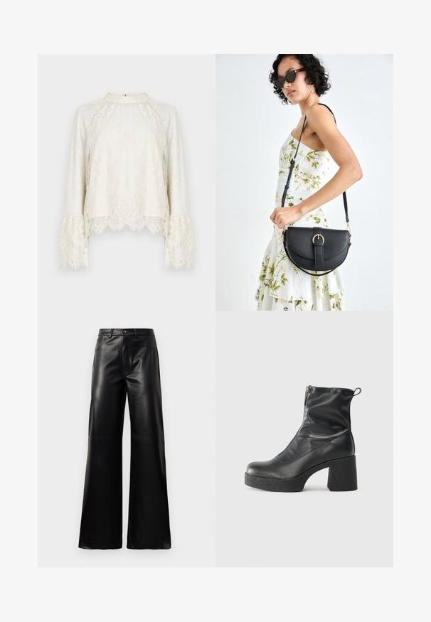 Top de encaje en color crema con mangas largas y acampanadas y dobladillo en forma de ondas. Presenta intrincados patrones florales y un cuello redondeado alto.; Pantalones de imitación de cuero negros de cintura alta y pierna ancha con botón frontal, cierre de cremallera, pasadores para cinturón y bolsillos laterales sobre fondo blanco.; Botines negros de tobillo, hechos de cuero suave, con cierre lateral, tacón grueso texturizado y diseño de punta redondeada.; Bolso de piel negra con forma curva, correa desmontable y herrajes dorados. El bolso cuenta con una solapa con un detalle de hebilla.