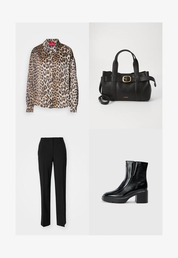 Leopard print blouse in silky fabric, featuring a classic collar, button front, and long sleeves with elastic cuffs. Colors include beige and brown.; Black tailored trousers with a straight-leg design, featuring a smooth texture and crisp creases along the front. No visible hardware.; Black patent leather ankle boots with a curved toe, elastic side panels, and a chunky block heel. Features embossed logo on the back.; Black leather handbag featuring a structured design, dual top handles, gold-tone buckle accent, and embossed brand logo at the front.