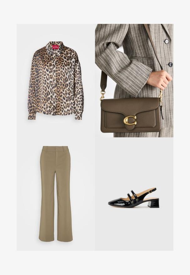 Blusa in stampa leopardata in tessuto setoso, con colletto classico, chiusura frontale con bottoni e maniche lunghe con polsini elastici. I colori includono beige e marrone.; Pantaloni larghi color khaki realizzati in tessuto liscio, con vita aderente, taglio dritto e dettaglio della piega frontale.; Scarpa slingback in pelle lucida nera con punta affusolata, dettagli a due cinturini, accenti circolari dorati e tacco a blocco basso.; COACH TABBY SHOULDER BAG 26 - Borsa a mano - dark stone