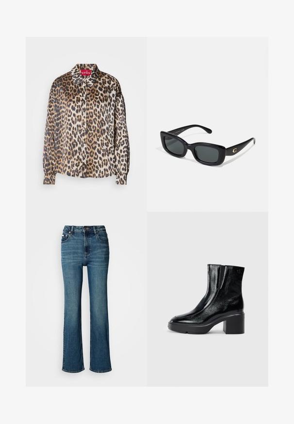Bluse im Leopardenmuster aus seidig glänzendem Stoff, mit klassischem Kragen, Knopfleiste und langen Ärmeln mit elastischen Bündchen. Die Farben umfassen Beige und Braun.; Hochtaillierte blaue Jeans aus Denim mit geradem Bein, dezentem Verblassen und einem standardmäßigen Knopf- und Reißverschluss.; Schwarze Lackleder-Stiefeletten mit einer geschwungenen Zehenpartie, elastischen Seiteneinsätzen und einem klobigen Blockabsatz. Mit geprägtem Logo auf der Rückseite.; Schwarze rechteckige Sonnenbrille mit dunklen Gläsern, aus glattem Kunststoff. Besitzt ein goldenes Logo-Element an einem Arm.
