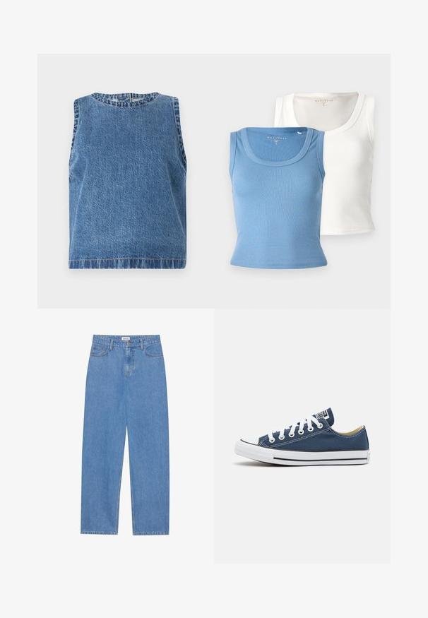 Abercrombie & Fitch Denim Shell Top - Camicetta - blue; Due magliette smembrate: una azzurro chiaro e una bianca. Ognuna presenta un collo rotondo e una silhouette aderente, enfatizzando la texture del tessuto.; Jeans in denim azzurro chiaro con taglio dritto, design a cinque tasche, chiusura a pulsante singolo e dettagli di cucitura discreti sulle cuciture.; Sneaker in tela di colore blu navy con occhielli e lacci bianchi, dotata di una punta in gomma bianca e una striscia nera lungo la suola.
