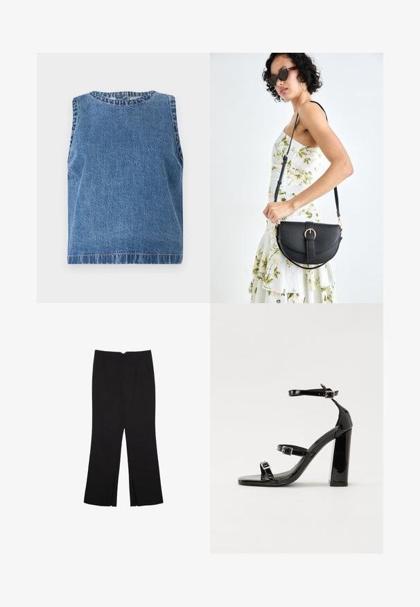 Abercrombie & Fitch Denim Shell Top - Bluse - blue; Schwarze Hose mit geradem Schnitt, ausgestattet mit Fronttaschen und Seitenschlitzen am Saum. Hergestellt aus weichem, glattem Stoff. Geeignet für verschiedene Anlässe.; Schwarze patentierte Sandalen mit Absatz, quadratischer Spitze, Knöchelriemen und silbernen Schnallen. Mit einem stabilen Blockabsatz für mehr Stabilität.; Schwarze Lederhandtasche mit geschwungener Form, abnehmbarem Tragegurt und goldenen Beschlägen. Die Tasche verfügt über einen Deckel mit einer Schnallen-Details.