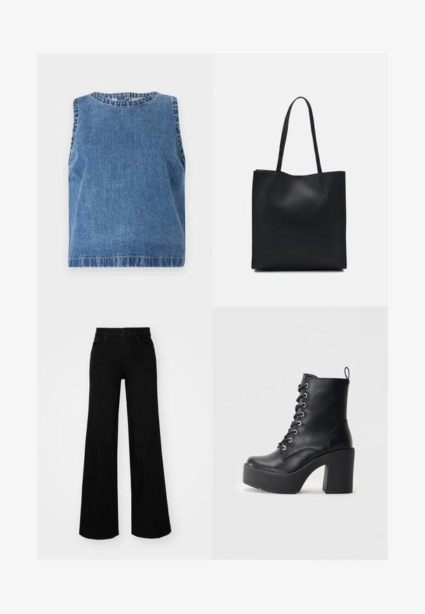 Abercrombie & Fitch Denim Shell Top - Blouse - blue; Pantalons large en denim noir, dotés d'une taille structurée, de passants de ceinture et de poches avant. Texture lisse avec un design classique.; Bottines en cuir noir avec un talon épais, des lacets à l'avant et une surface texturée. Elles disposent d'une languette à l'arrière pour un enfilage facile.; Sac fourre-tout en cuir noir avec une texture lisse, de forme rectangulaire et deux longues poignées. Pas de matériel ou d'ornementations visibles.