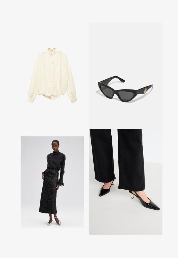 Kremasta bluzica dugih rukava s visokim nabranim ovratnikom, prednjim kopčanjem na gumbe, vertikalnim naborima i mekim, glatkim materijalom.; Crna bluzica s dugim rukavima od prozirnog materijala, uparena s crnom midi suknjom sa šljokicama i srebrnim platformama. Elegantna i teksturirana dizajn.; Simmi London JUNE - Klasične cipele s visokom petom - black; Naočale u obliku mačjih očiju s okvirom od mat crne plastike, tamnim lećama i zlatnim logotipom na sljepočnici. Kutni dizajn i glatka tekstura.