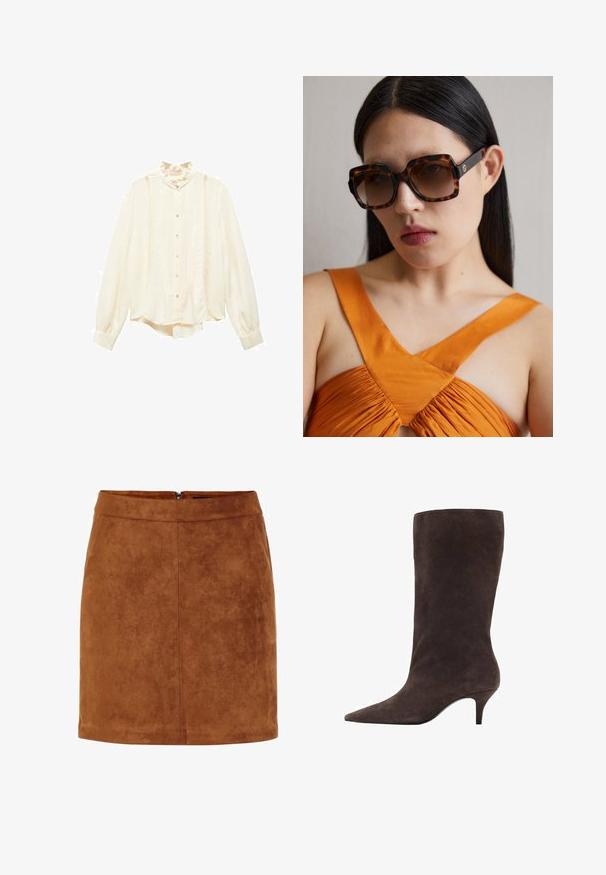 Krämfärgad blus med lång ärm och hög volangkrage, knappstängning fram, vertikal veckdetaljering och mjukt, slätt tyg.; Brun mockaskinn mini-kjol med en slät yta, rak skärning och en diskret dragkedja bak. Har sömdetaljer för struktur.; Brun mocka knähög stövel med spetsig tå och medelhög klack, med en slät textur och elegant design.; Bruna sköldpaddsmönstrade solglasögon i storlek oversized med en bred rektangulär båge och gradientlinser. Guldlogo på sidan.; Brun vävd läderhandväska med knutna handtag, bärs av en person i ljusblå jeans och svarta kraftiga skor. Slät, strukturerad yta.