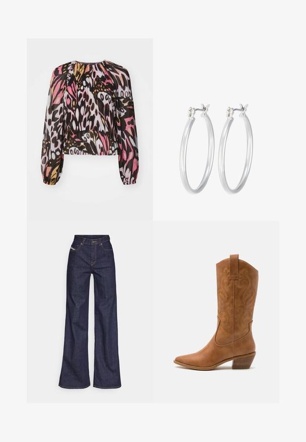 Krótkie bluzki z przezroczystego materiału, zdobione wielokolorowym nadrukiem w odcieniach różu, czerni i złota. Długie, bufiaste rękawy oraz marszczony dekolt.; Ciemnoniebieskie dżinsy szerokie w nogawkach wykonane z denimu, z wysokim stanem, z pomarańczowymi przeszyciami, pięcioma kieszeniami i zapięciem na guzik.; Brązowe skórzane kowbojki z wyciągniętym nosem, haftowanymi wzorami spiralnymi na cholewie oraz blokowym obcasem. Posiadają pętlę ułatwiającą zakładanie.; Srebrne kolczyki w formie kółek o gładkim, polerowanym wykończeniu. O okrągłym kształcie i pewnym zapięciu na klik. Lekka konstrukcja odpowiednia do codziennego noszenia.