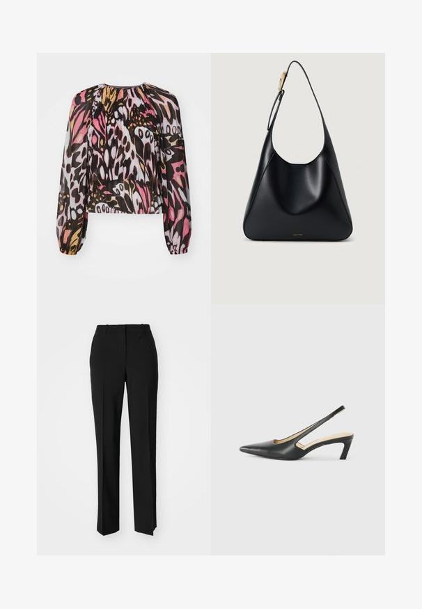 Skraćena bluzica od prozirnog materijala s višebojnim apstraktnim uzorkom u nijansama ružičaste, crne i zlatne. Dugi, napuhani rukavi i nabran izrez.; Crne krojene hlače ravnog kroja, s glatkom teksturom i oštrim pregibima naprijed. Bez vidljivih metalnih dijelova.; Crne cipele s izduženim vrhom i remenom oko pete, s niskom petom, izrađene od glatke kože i s izrezbarenom stranom radi prozračnosti.; Crna kožna torba za rame s glatkom teksturom, zakrivljenim siluetom i zlatnim detaljima. Ima utisnutu oznaku branda na dnu.