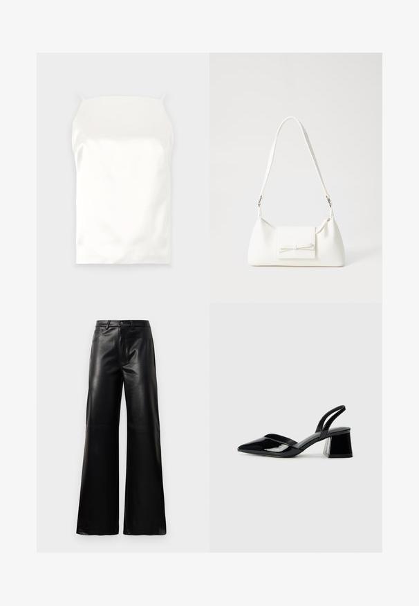 White satin camisole with thin straps, smooth texture, rectangular shape, and no visible patterns or accents.; Black high-waist wide-leg faux leather pants with front button, zip closure, belt loops, and side pockets on white background.; Black patent leather slingback heels with a pointed toe and a geometric block heel. Features a sleek, minimal design and smooth texture.; White synthetic handbag with a triangular shape, flat front flap and bow detail, adjustable strap, smooth texture, and minimalistic design.
