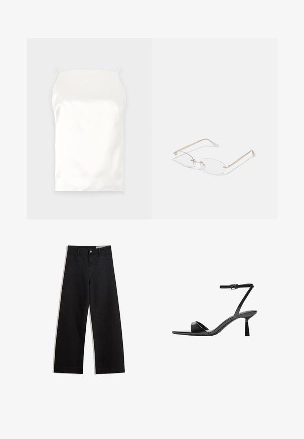 Fehér selyem kamiszolás vékony pántokkal, sima textúrával, téglalap alakú, és nincs látható minta vagy dísz.; Fekete, bő szabású farmernadrág magas derékkal, elülső és hátsó zsebekkel, varrott felületekkel és gombos záródással. Sima textúra.; Bershka Magas sarkú szandálok - black; Aranyszínű fém szemüveg ovális lencsékkel, vékony szárakkal és áttetsző orrbetétekkel. Finom zsanér díszítések jellemzik, és átlátszó lencsékkel rendelkezik.; Fekete lakkbőr kézitáska ívelt formával, egy vállpánttal, elülső zsebekkel és ezüstszínű fémrészletekkel.