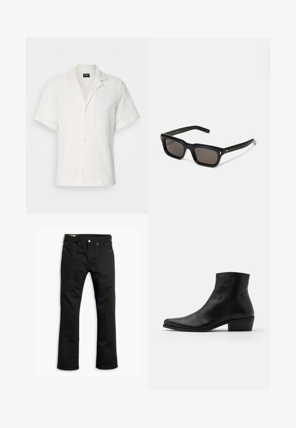 Una camicia bianca a maniche corte con un sottile motivo a onde e una chiusura con bottoni. Realizzata in un tessuto testurizzato, presenta un colletto e una vestibilità rilassata.; Jeans in denim nero con design a gamba dritta, cinque tasche, chiusura con bottone metallico e dettagli di cucitura sottili. Tessuto liscio e colore solido.; Stivaletto in pelle nera con punte affusolate, dettagli di cucitura minimi, tacco a blocco di altezza media e finitura liscia e lucida.; Occhiali da sole neri rettangolari con lenti scure, montatura spessa in plastica, dettagli dorati sulle tempie e logo del marchio inciso sull'asta.