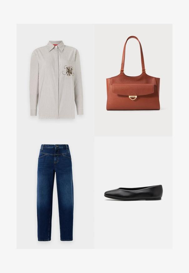 Striped button-up shirt in light beige and brown. Features a pocket with a decorative brown monogram. Long sleeves with buttoned cuffs.; Dark blue denim jeans with a straight-leg design, five pockets, top button fastening, and orange stitching accents.; Paul Smith TOPANGA - Ballet pumps - black; Brown leather tote bag with long handles, front flap pocket, and gold heart-shaped clasp engraved with "Love Moschino."