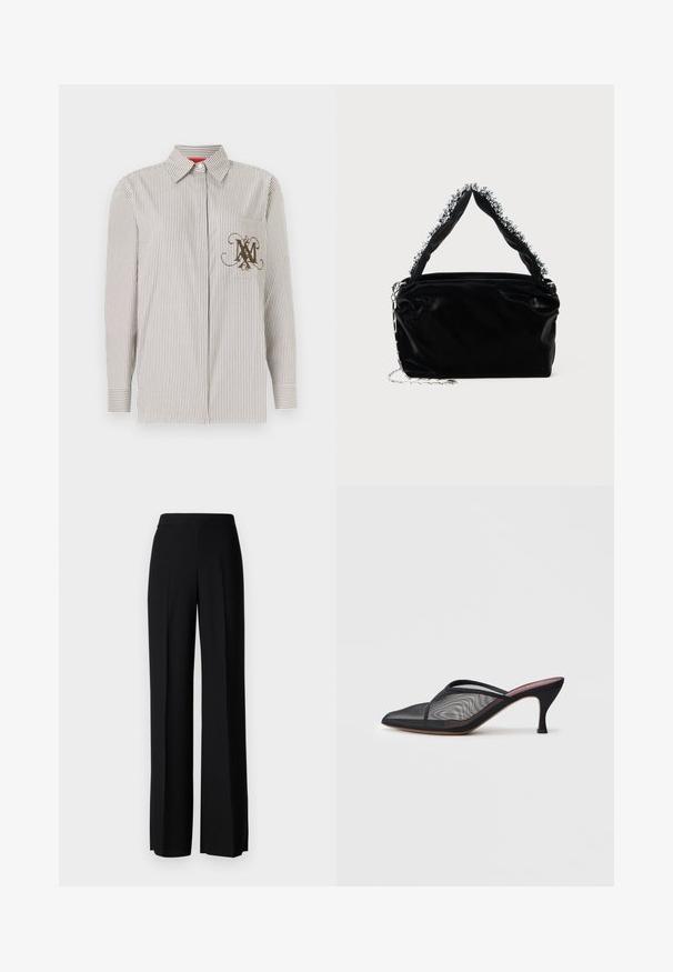 Ribaldisärk heleda beeži ja pruuni triibuga. Omab taskut kaunistatud pruuni monogrammiga. Pikad varrukad nupuga mansettidega.; Mustad laiad püksid mustas värvitoonis, sujuva tekstuuri ja kõrge vöökoha ning keskmiste voldikutega. Ilma nähtavate mustrite või tarvikute detailideta.; Mustad mustridest muulid terava varbaga, õhukeste rihmadega ja 3-tollise stiilse kontsaga. Omab läbipaistvat tekstuuri ja ühtlast tooni tallat.; Must mustrepp nahkakäekott, millel on tekstuuriga viimistlus, esitades pehme hõbedase aktsendi pealt käepideme juures ja kettainet.