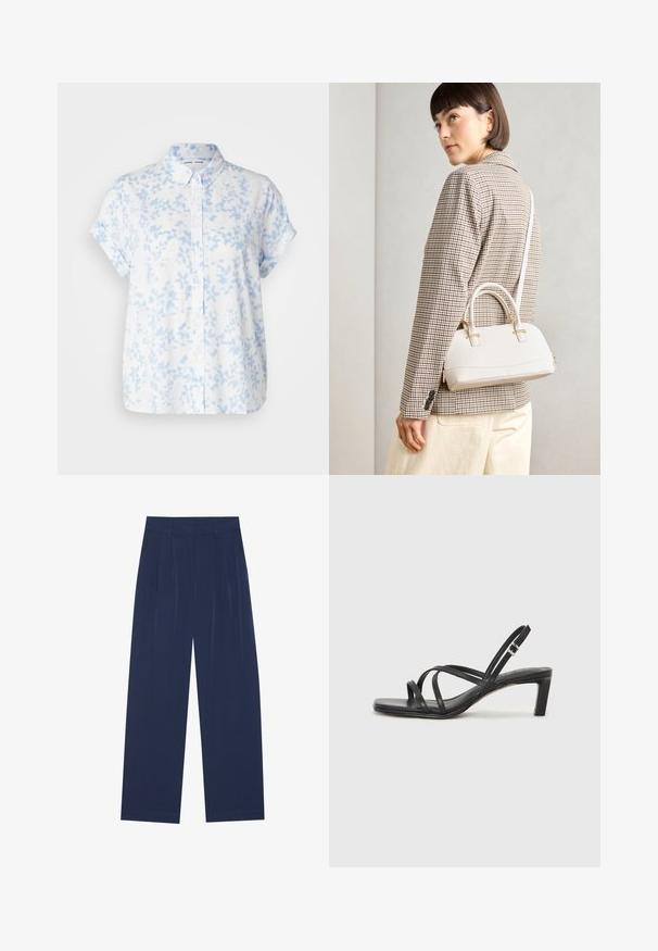 Samsøe Samsøe MAJAN SHIRT - Button-down blouse - light blue; Navy blue wide-leg pants made of soft fabric, featuring front pleats, a smooth texture, and a straight fit with no visible pockets.; Black strappy sandal with a square toe and a low block heel. Features multiple thin straps and an adjustable ankle strap. Made of smooth leather.; White structured handbag with short handles and a shoulder strap, featuring gold hardware accents and textured material, displayed against a grey background.