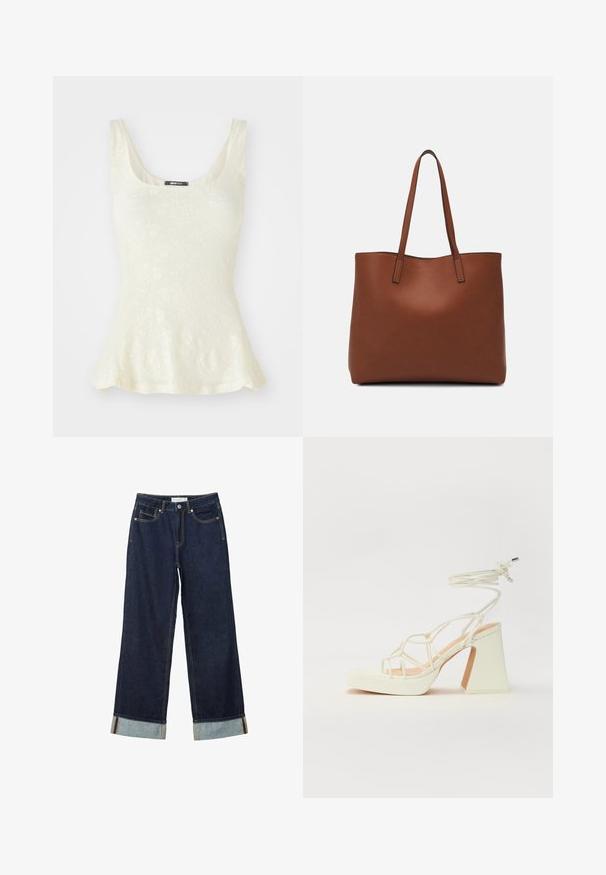 Jasny bezrękawnik z kwiecistym wzorem z koronką i rozkloszowanym dołem. Na dekolcie widoczna metka z napisem "gina tricot."; Ciemnoniebieskie dżinsy o szerokich nogawkach i wysokim stanie, z podwiniętymi mankietami, kontrastowym przeszyciem i pięcioma kieszeniami. Wykonane z materiału dżinsowego.; Biała sandał na wysokim obcasie z masywnym słupkiem, z paskowym wzorem i wiązaniem przy kostce. Gładka faktura z platformą z przodu dla dodatkowej wysokości.; Brązowa skórzana torba tote o gładkiej fakturze, z otwartym wierzchem i dwoma ramiączkami. Charakteryzuje się minimalnym przeszyciem i brakiem widocznych elementów metalowych.