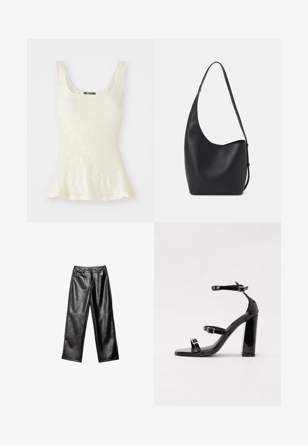 Top senza maniche di colore chiaro con un motivo in pizzo floreale e orlo svasato. Etichetta visibile al collo che riporta "gina tricot."; Pantaloni ampi in pelle nera con una superficie liscia, design a cinque tasche e dettagli cuciti lungo le gambe e la vita.; Sandali con tacco alto in vernice nera con due cinturini con fibbia, punta quadrata e tacco spesso a blocco, caratterizzati da una texture liscia e lucida.; Borsa hobo nera in pelle con una superficie liscia, forma curvata e una singola tracolla regolabile; presenta un'ampia apertura nella parte superiore.