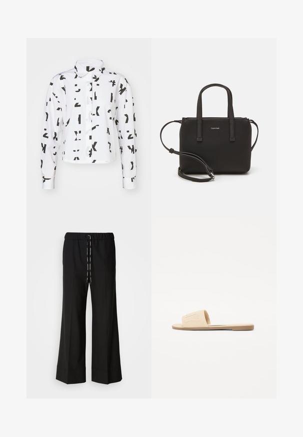 Marc Cain Nööpidega pluus - offwhite; Mustad, laiad püksid elastse vöökoha ja musta nööriga. Valmistatud siledast kangast, millel ei ole nähtavaid mustreid ega metallosi.; Beežid libisev sandaal laia rihmaga, millel on õmmeldud logo. Lameline talla ja sile pind, mõeldud igapäevaseks kandmiseks.; Musthave mustrans vöö ja eemaldatav õlarihm. Gludike nahk siledaga, millel on tõmblukk ja logo detail.