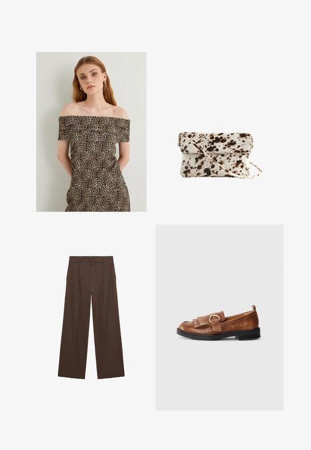Leopardi kuositettu olkaimeton mekko, joka on valmistettu pehmeästä kankaasta ja siinä on istuva malli, jossa on rypytyksiä ja vaalea tan tausta.; Ruskeat leveälahkeiset housut, jotka on valmistettu sileästä kankaasta. Niissä on korkea vyötärö, etusilkkukkeet ja kaksi sivutaskua.; Vaaleanruskeat nahkaloaferit, joissa on frangipaniyksityiskohta ja pyöreä kultainen solki. Tasapohjainen musta kumipohja. Sileä pinta ja klassinen muotoilu.; Nahkalaukku, jossa on vaalea pohja ja tummanruskeita täpliä, suorakulmainen muoto, taitettava läppä ja irrotettava olkahihna.