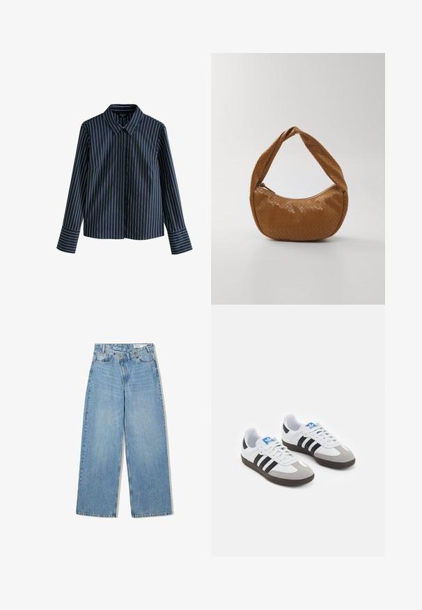 Marineblaues Langarmhemd mit weißen vertikalen Streifen, Kragen und durchgehendem Knopfverschluss. Verfügt über eine schlanke Passform und geknöpfte Ärmelbündchen.; Hellblaue weite Jeans aus Denim, mit hoher Taille, fünf Taschen, Knopfverschluss und dezentem Verblassen für Textur.; Sportschuhe mit einem Obermaterial aus weißem Leder, grauer Wildleder-Zehenkappe und drei schwarzen Streifen. Sie verfügen über ein blaues Logo auf der Zunge und eine strukturierte Gummisohle.; Geflochtene Lederhandtasche in Braun, ovale Form mit einem dicken geflochtenen Griff, ausgestattet mit einem Reißverschluss und glänzender Textur.