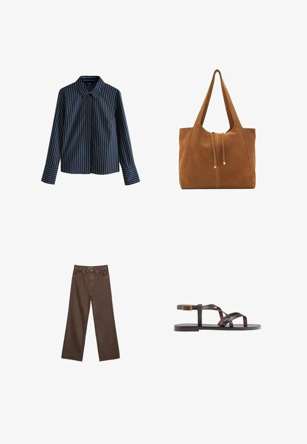 Donkerblauw shirt met lange mouwen en witte verticale strepen, met kraag en knoopsluiting aan de voorkant. Heeft een gestroomlijnde pasvorm en omgeslagen manchetten.; Brede bruine spijkerbroek van denim, met een hoge taille, voorzakken en een klassieke knoopsluiting. Soepele textuur met subtiele stiksels.; Bruine leren sandaal met kruisingen van banden, een enkelgesp-sluiting en een platte zool met minimale stikdetails.; Bruine suède schoudertas met twee lange hengsels, trekkoordsluiting en minimalistisch ontwerp. Gladde textuur en geen zichtbare hardware-accenten.