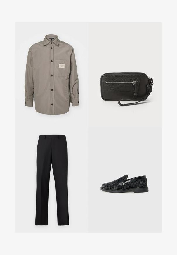 Szürke, gombos dzseki sima anyagból; mellzsebében címkével rendelkezik, hosszú ujja van, és klasszikus gallérdizájn jellemzi.; Fekete, egyenes szárú nadrág sima anyagból. Standard derékpánttal rendelkezik, és nincsenek látható minták vagy díszítések.; Fekete szőtt slip-on cipő sima bőr díszítéssel a felsőrészen, kerek orral és alacsony profilos gumitalppal.; Fekete bőr kézitáska texturált felülettel, elülső cipzáras zsebbel és levehető csuklópánttal. Elől logóval ellátott folt található. Téglalap alakú.