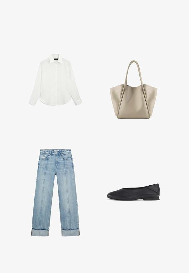 White long-sleeve shirt featuring a collared neckline, button front, and rounded hem. Made of lightweight fabric with a smooth texture.; Light blue denim wide-leg jeans with a high waist, featuring five pockets, visible stitching, and turned-up hems at the cuffs.; Black leather flat shoe with rounded toe and low heel, designed for casual or formal wear.; Beige leather tote bag with a spacious, structured design. Features two long handles and subtle stitching details; no visible hardware.