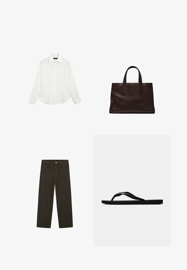 Weißes Langarmhemd mit Kragen, Knopfleiste vorne und abgerundetem Saum. Hergestellt aus leichtem Stoff mit glatter Textur.; Dunkelgrüne Jeans im weit geschnittenen Style, hergestellt aus einem Baumwollgemisch. Sie verfügen über einen Frontknopfverschluss, fünf Taschen und klassische Denim-Nähte.; Schwarze Gummi-Flip-Flop-Sandale mit einem strukturierten Riemen und einfacher flacher Sohle, von der Seite auf einem schlichten hellen Hintergrund dargestellt.; Braune Ledertasche mit zwei langen Griffen, strukturierte rechteckige Form, glatte Textur und dezente Nähdetails.