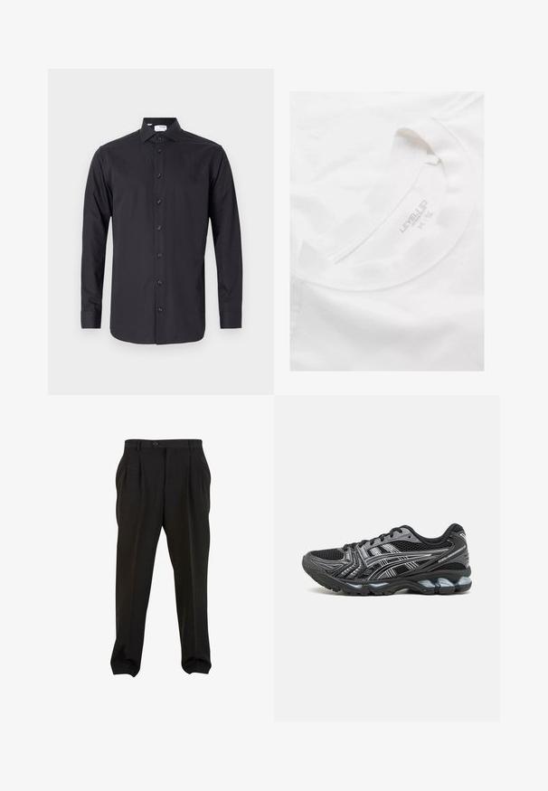 Svart långärmad skjorta gjord av slät tyg, med en knapp-upptill fram, spetsig krage och knappade ärmslut.; Vit bomulls t-shirt med rund halsringning och mjuk textur. Har en tryckt etikett inuti kragen med "LEVEL UP" och storleksinformation.; Svarta byxor i en slät tygkvalitet, med framfickor, en knapp i midjan och avsmalnande ankleder. Klassisk skräddarsydd silhuett.; Svart träningsskor med mesh-överkant, silverdetaljer och en dämpad sula. Har snörningsdesign och texturerat sula för grepp.
