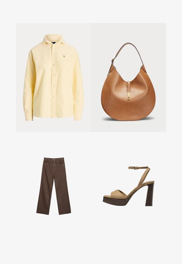 Rumena bombažna srajca z gumbi in dolgimi rokavi, klasičen ovratnik in vezenje logotipa na prsih. Gladka tekstura, prilegajoč kroj.; Široke rjave kavbojke iz denima, ki imajo visok pas, sprednje žepe in klasično zapiranje na gumb. Gladka tekstura s subtilnim šivom.; Bež semiš sandali na visoki peti z širokim sprednjim trakom in trakom okoli gležnja, opremljeni z debelim lesenim blokom peto z teksturirano površino.; Torbica iz svetlo rjave usnjene oblike s širokim ramenskim trakom. Ima zlatni kovinski poudarek na sredini in gladko teksturo.
