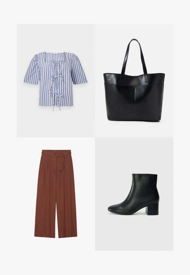Blusa riscada azul e castanha com mangas curtas bufantes, decote quadrado e detalhe de laço à frente. Feita de tecido leve com uma textura suave.; Calças de perna larga em tecido castanho, com um cinto de fivela quadrada, design pregueado e textura suave.; Botas de tornozelo em pele preta com bico pontiagudo e um salto robusto. Textura suave com acentos mínimos e um design ajustado e elegante.; Bolsa tote preta em couro com duas alças longas, textura suave e forma estruturada. Apresenta um bolso frontal para armazenamento adicional.