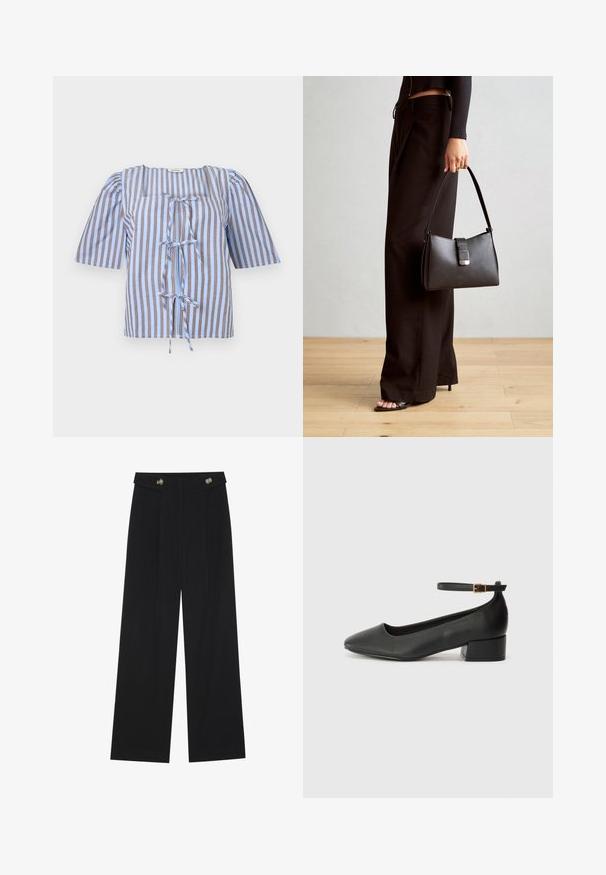 Niebieska i brązowa bluzka w paski z krótkimi bufkami, kwadratowym dekoltem i detalem wiązania z przodu. Wykonana z lekkiego materiału o gładkiej teksturze.; Czarne szerokie spodnie z wysokim stanem, z detalami w postaci guzików na pasku oraz plisami z przodu.; Czarne skórzane szpilki z ostrym noskiem i niskim słupkowym obcasem. Wyposażone w pasek na kostkę z złotym zapięciem. Gładka tekstura.; Czarna torebka o usztywnionym kształcie, gładkiej fakturze i metalowym zapięciem. Połączona z szerokimi czarnymi spodniami i sandałami na otwartym palcu na drewnianej podłodze.