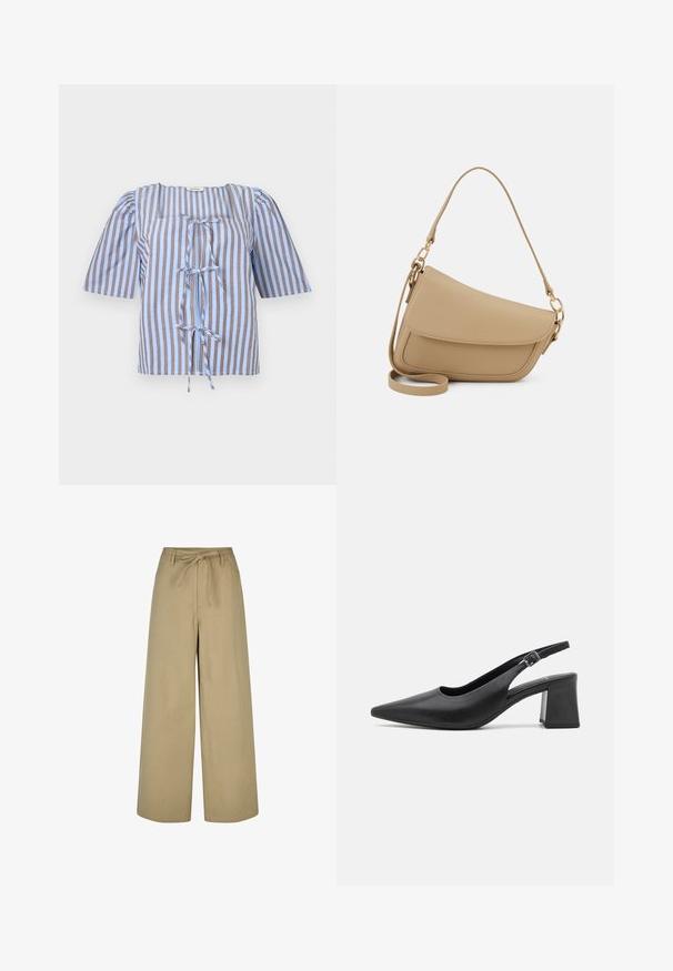 Zila un brūna svītraina blūze ar īsām pūkām, kvadrātveida kakla izgriezumu un priekšu sasietu detaļu. Izgatavota no viegla auduma ar gludu faktūru.; Beigās platās kājas bikses ar augstu jostasvietu, aukliņu un divām sānu kabatām, izgatavotas no gluda, viegla auduma.; Melnas ādas sadalītās augstpapēžu kurpes ar smailo purngalu un masīvu bloka papēdi. Iekļauta regulējama siksna ar metālisku sprādzi.; Even&Odd Rokassoma - beige