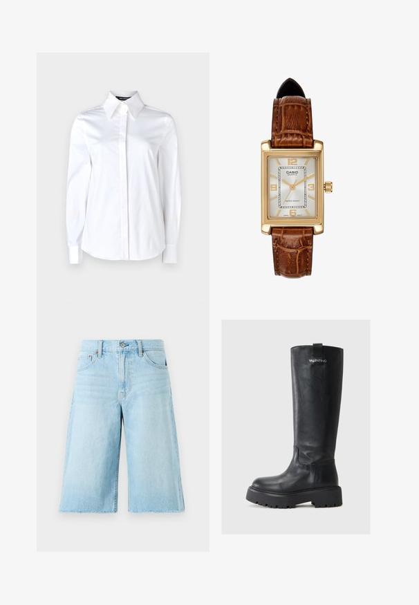 Biela dlhá košeľa s golierom a gombíkmi, vyrobená z hladkej bavlny, s gombíkovým zapínaním vpredu a starostlivo ušitými manžetami.; Svetlomodré džínsy s voľným strihom, roztrhnutým spodným lemom, piatimi vreckami a kovovými doplnkami. Klasický dizajn džínov s jemným vyblednutím.; Vysoké čierne kožené čižmy s okrúhlou špicou, hrubou platformou a textúrovaným povrchom. Majú logo a pútko na zadnej strane.; Casio quartz hodinky s obdĺžnikovým zlatým puzdrom, bielym ciferníkom, zlatými hodinovými značkami a hnedým koženým remienkom s krokodílim vzorom. Vodotesné.