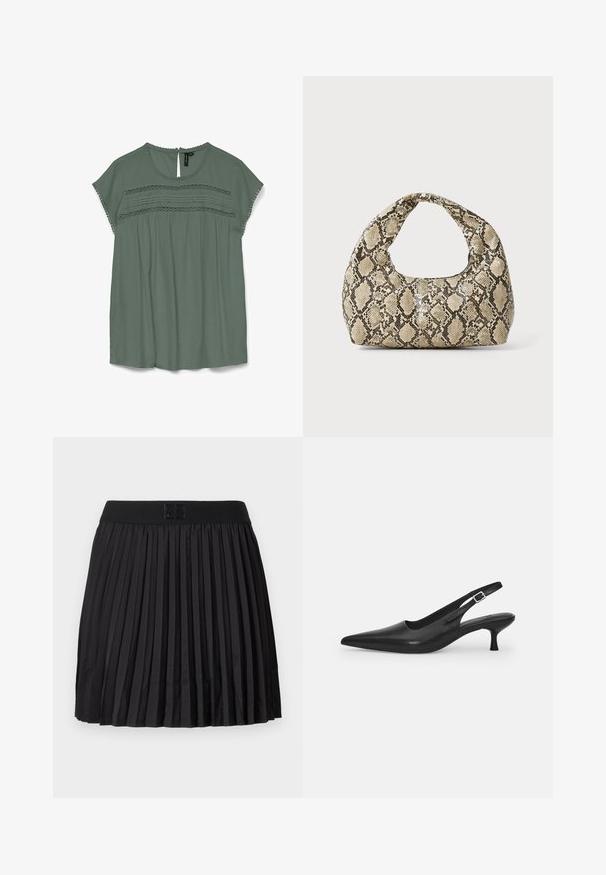 Světle zelená blůza s krátkými rukávy, krajkovými detaily na hrudi a klíčovou dírkou na zádech. Vyrobena z lehkého materiálu s volným střihem.; Černá skládací sukně s hladkou texturou, vybavená pevným černým pasem a vyraženým detailem loga vpředu.; Černá kožená nazouvací bota se špičatou špičkou a štíhlým zakřiveným podpatkem. Obsahuje diskrétní nastavitelný pásek s kovovou sponou.; Kabelka s hadím vzorem a zakřiveným držadlem. Vyrobena z texturovaných béžových a hnědých materiálů, s charakteristickým diamantovým vzorem.