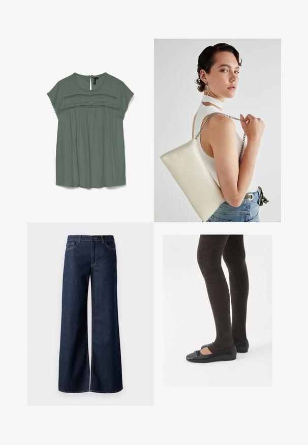 Blusa verde claro con mangas cortas, detalles de encaje en el pecho y un corte en forma de keyhole en la parte posterior. Fabricada con una tela fluida y un corte relajado.; Jeans de pierna ancha en denim azul oscuro. Presenta costuras en contraste, cinco bolsillos y un cierre de botón en la cintura. Textura suave.; Zapatos planos negros con un pequeño lazo en la punta, combinados con medias de punto en marrón oscuro. Los zapatos tienen una textura suave y un perfil bajo.; Bolso de mano rectangular blanco, hecho de un material brillante, con una cadena plateada. La modelo posa, mostrando el bolso frente a un fondo liso.