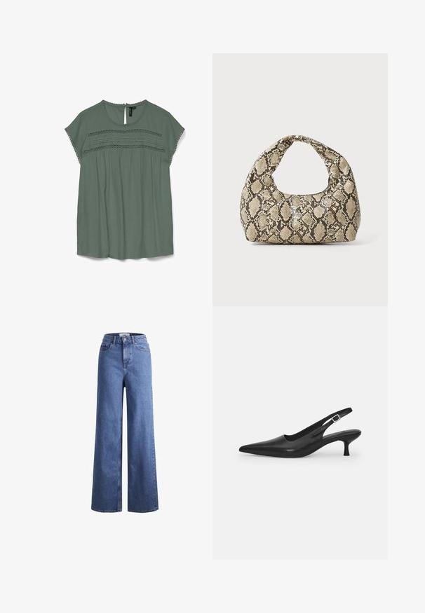Lichtgroene blouse met korte mouwen, kantdetails op de borst en een keyhole achterkant. Gemaakt van een vloeiende stof met een ontspannen pasvorm.; Lichtblauwe denim wijde jeans met een hoge taille, twee voorzakken en zichtbare stiksels. Voorzien van een knoop- en ritssluiting.; Zwarte leren slingback schoen met een puntige neus en een slanke, gebogen hak. Voorzien van een discrete verstelbare band met een metalen gesp.; Slangpatroon handtas met een gebogen handvat. Gemaakt van gestructureerde, beige en bruine materialen, met een kenmerkend ruitpatroon.