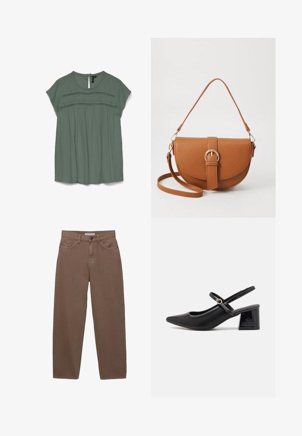 Bluză verde deschis cu mâneci scurte, detalii din dantelă la piept și spate cu deschidere în formă de cheie. Fabricată dintr-un material fluid, cu o croială lejeră.; Pantaloni din denim bumbac maro, cu croială lejeră, cinci buzunare și fermoar. Prezintă o textură subtilă și detalii de cusătură clasice.; Cizme cu toc slingback din piele sintetică lacuită neagră, cu vârful ascuțit, un design cu decupaj rotunjit și toc bloc. Include un accent cu cataramă de culoare aurie.; Geantă din piele maro, tip crossbody, cu o formă curbată, accesorii aurii și un accent cu cataramă. Dispune de un curea de umăr detașabilă.
